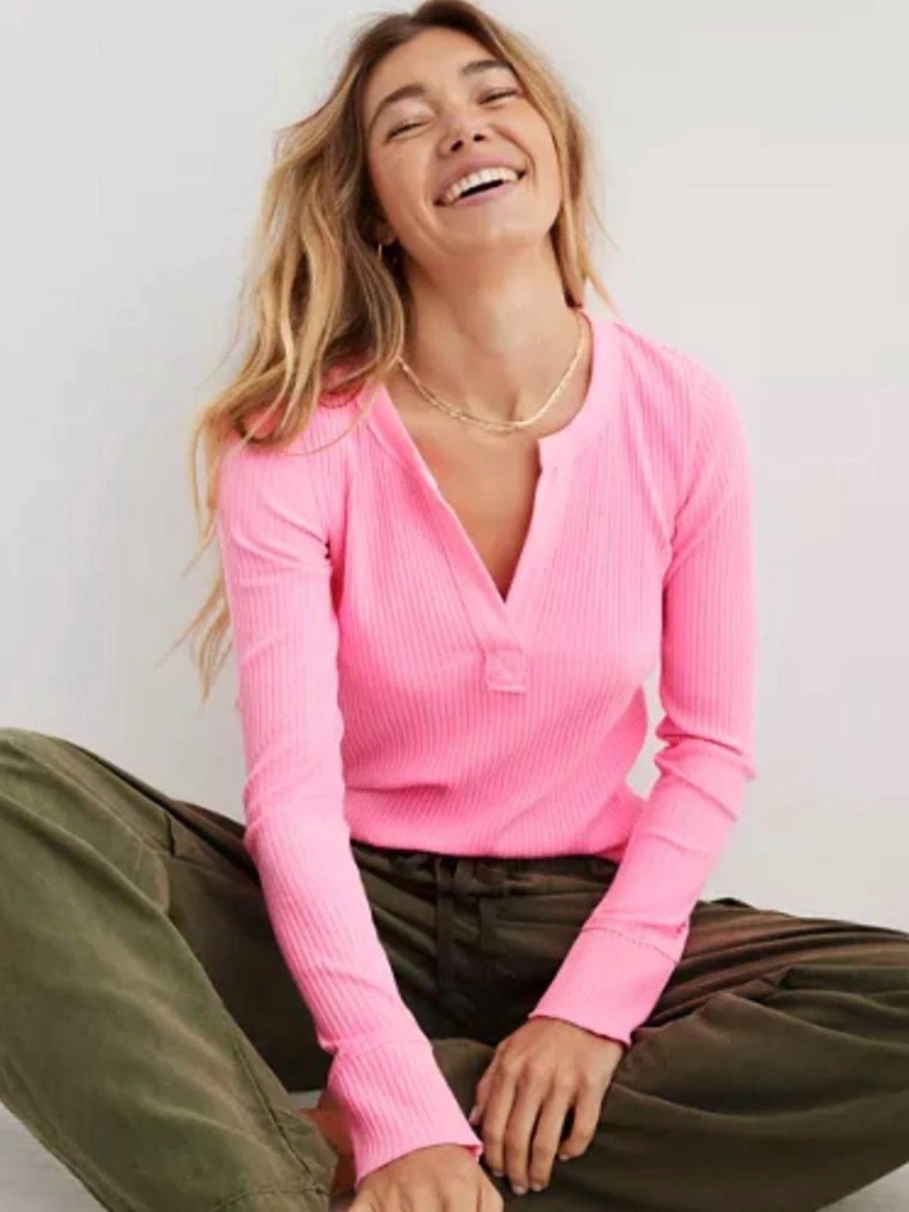 Aerie Pink Ribbed Henley Top Women’s XS Long Sleeve Fitted Y2K